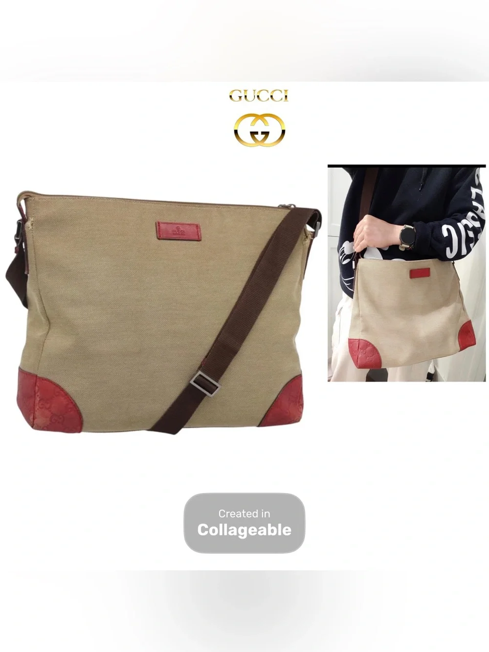 👜 GUCCI Beige Canvas Messenger Bag Red Leather Accents Authentic Guccissima